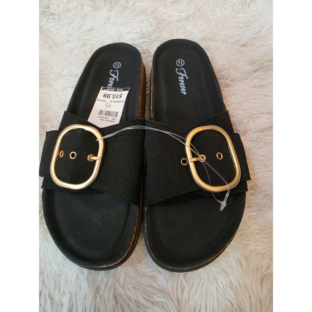 NWT Forever Comfort Black Big Buckle Cork Footbed Slide Sandals Size 7.5